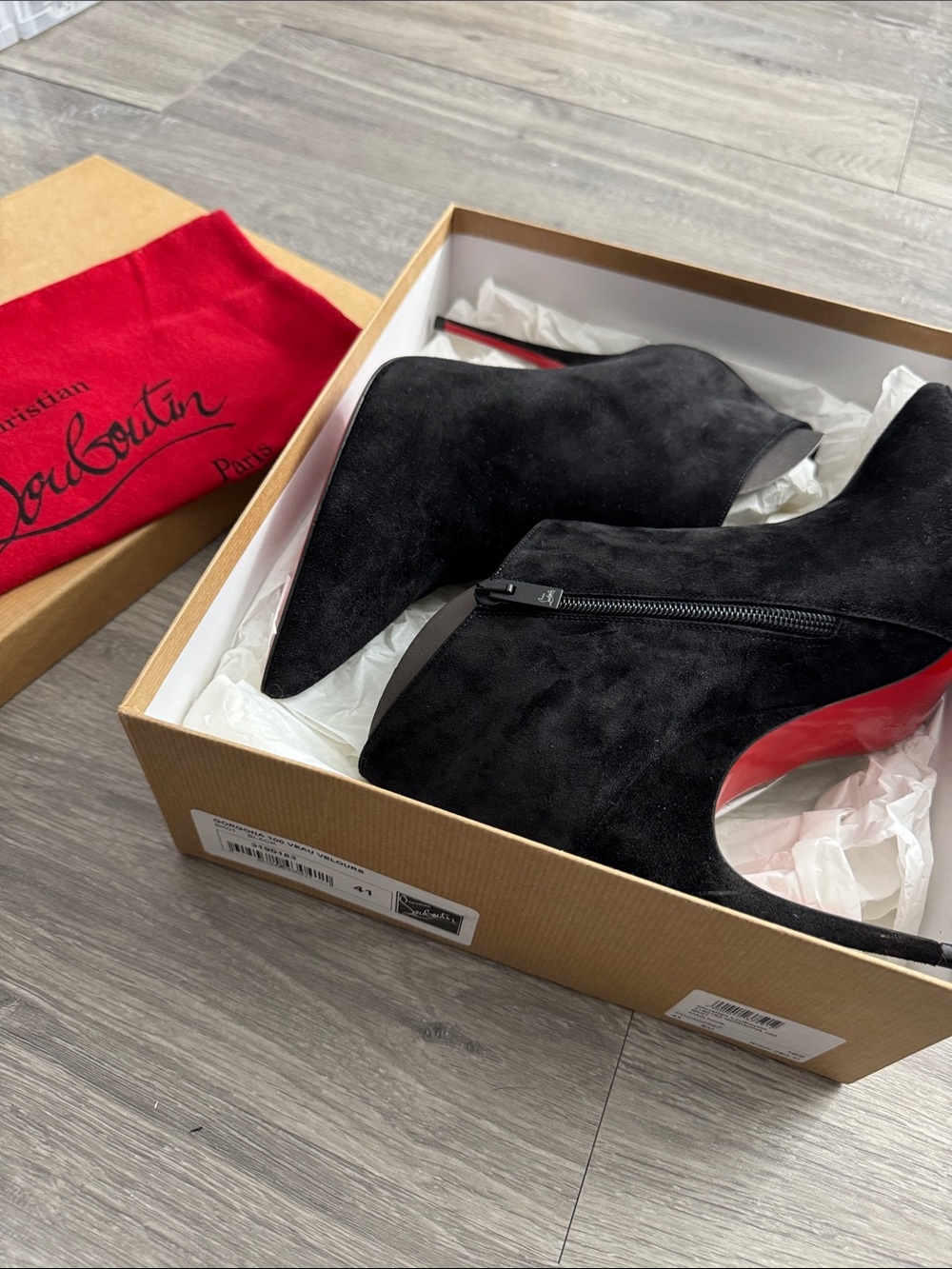 Christian Louboutin Black Suede Pointed Ankle Booties with Red Sole